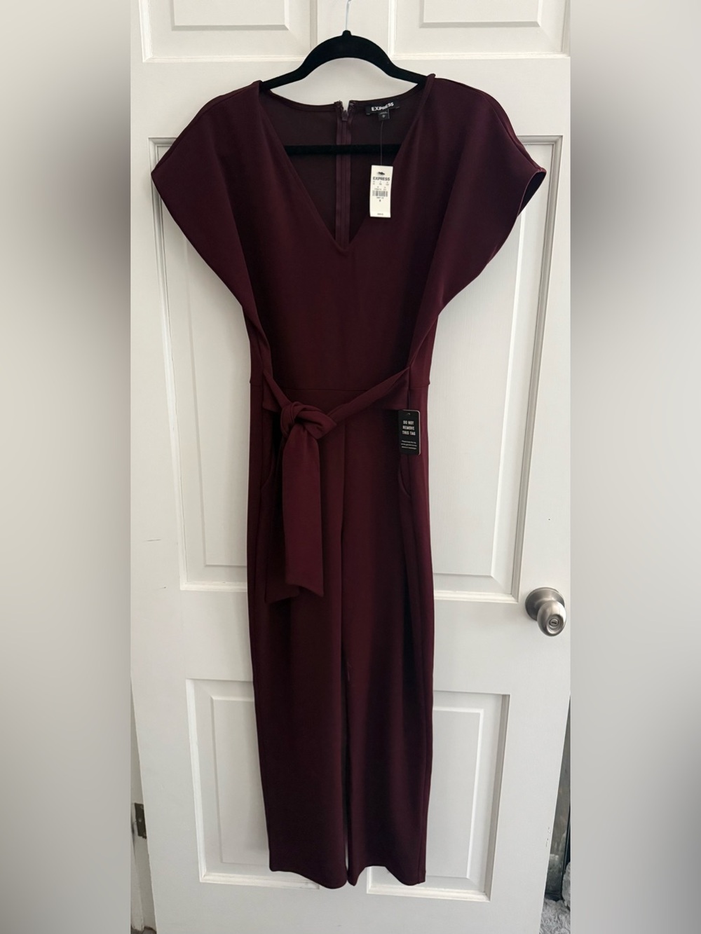 Express Maroon Burgundy Tie Belted Jumpsuit Sz M NWT $88